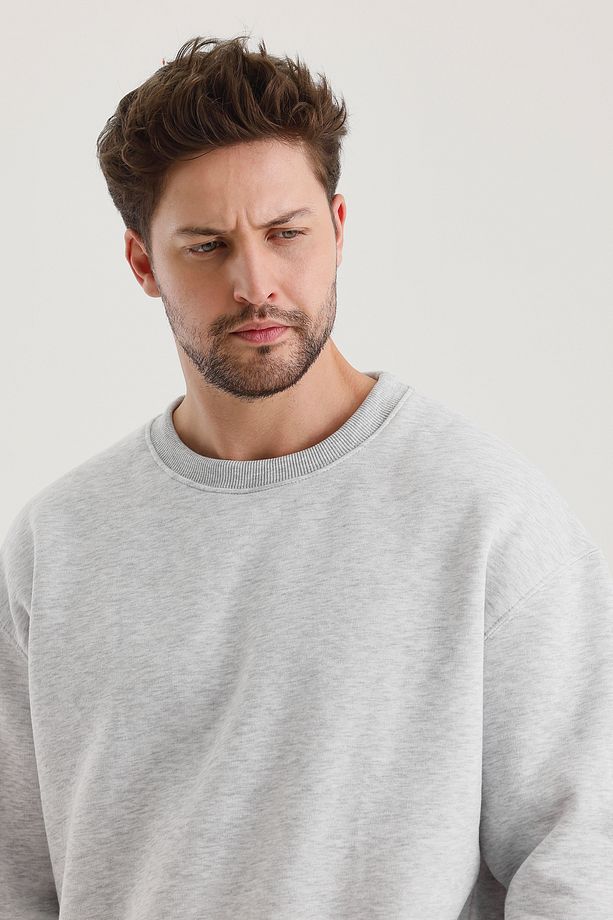 Grimelanj Pamuklu Bisiklet Yaka Oversize Şardonlu Basic Erkek Sweatshirt - 7