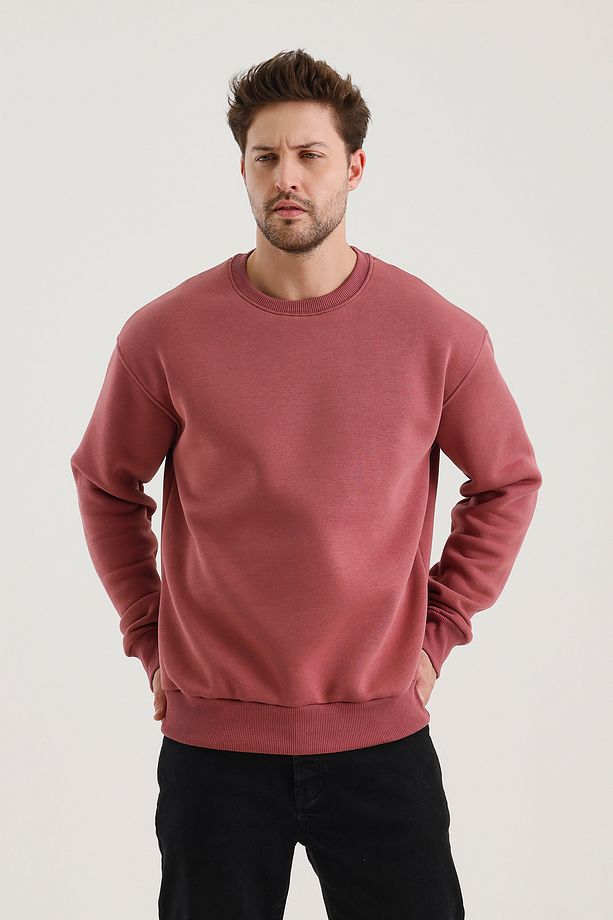 Gül Kurusu Bisiklet Yaka Oversize Şardonlu Basic Erkek Sweatshirt - 6