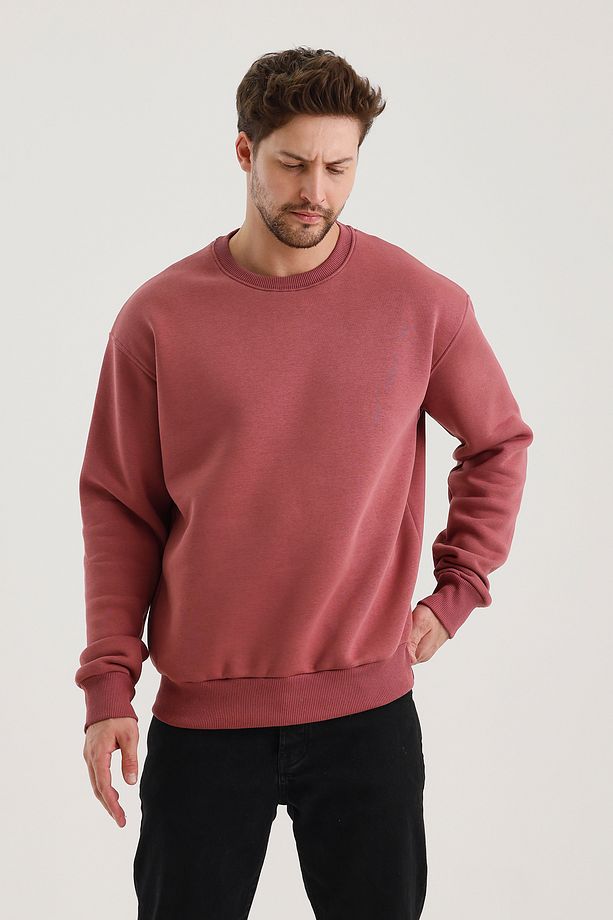 Gül Kurusu Bisiklet Yaka Oversize Şardonlu Basic Erkek Sweatshirt - 4