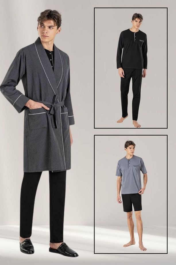 Erkek Uzun Roblu  5'li Damat Çeyiz Seti Uzun ve Şortlu Pijama Takımı, Şortlu - 1