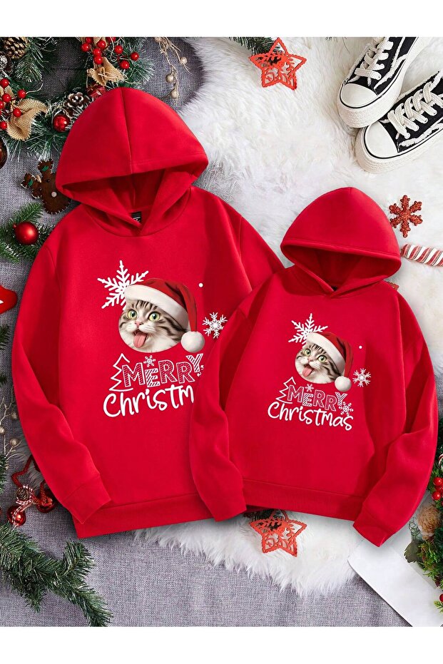 Unisex Christmas Themed Printed Hooded Sweatshirt