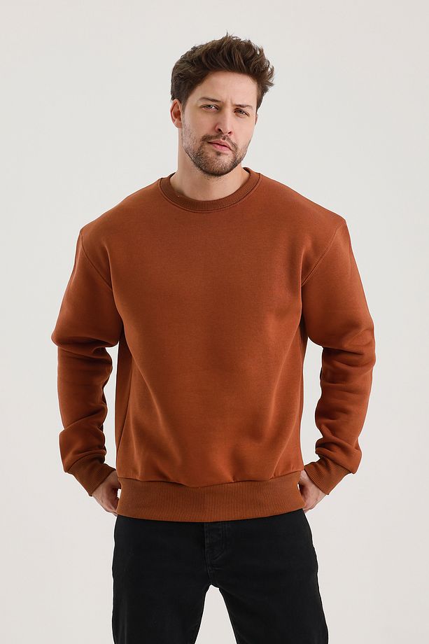 Tarçın Bisiklet Yaka Oversize Şardonlu Basic Erkek Sweatshirt - 4