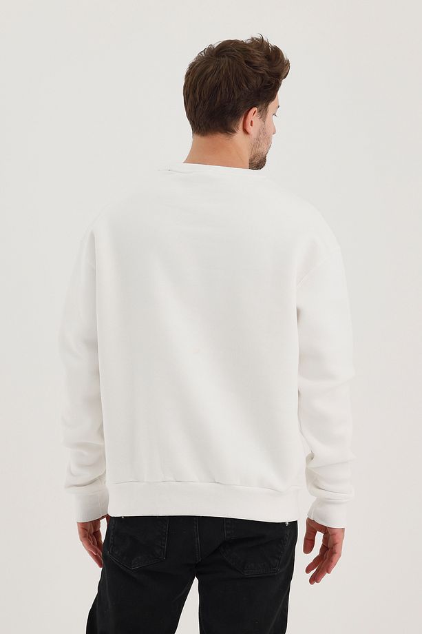 Ekru Bisiklet Yaka Oversize Şardonlu Basic Erkek Sweatshirt - 8