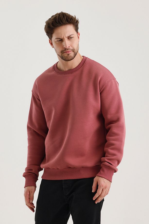 Gül Kurusu Bisiklet Yaka Oversize Şardonlu Basic Erkek Sweatshirt - 8