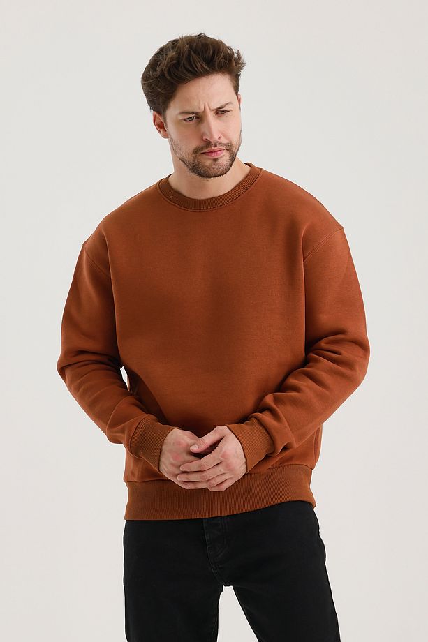 Tarçın Bisiklet Yaka Oversize Şardonlu Basic Erkek Sweatshirt - 5
