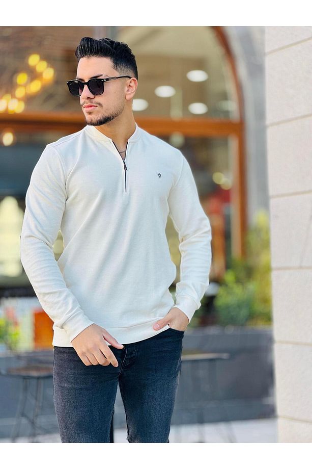 Yarım Fermuarlı Kolej Yaka Sweatshirt Regular Fit-ekru- 2317 - 1