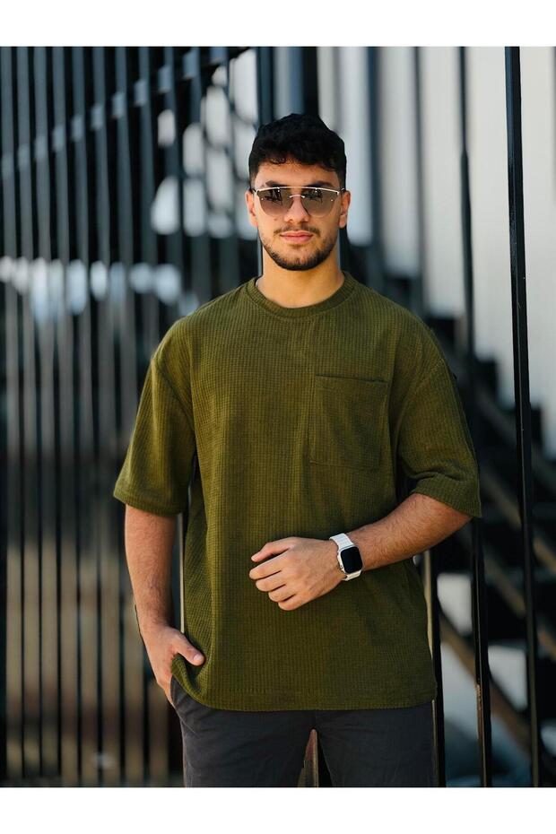 Pocket Detailed Ribbed Short Sleeve T-Shirt - Khaki