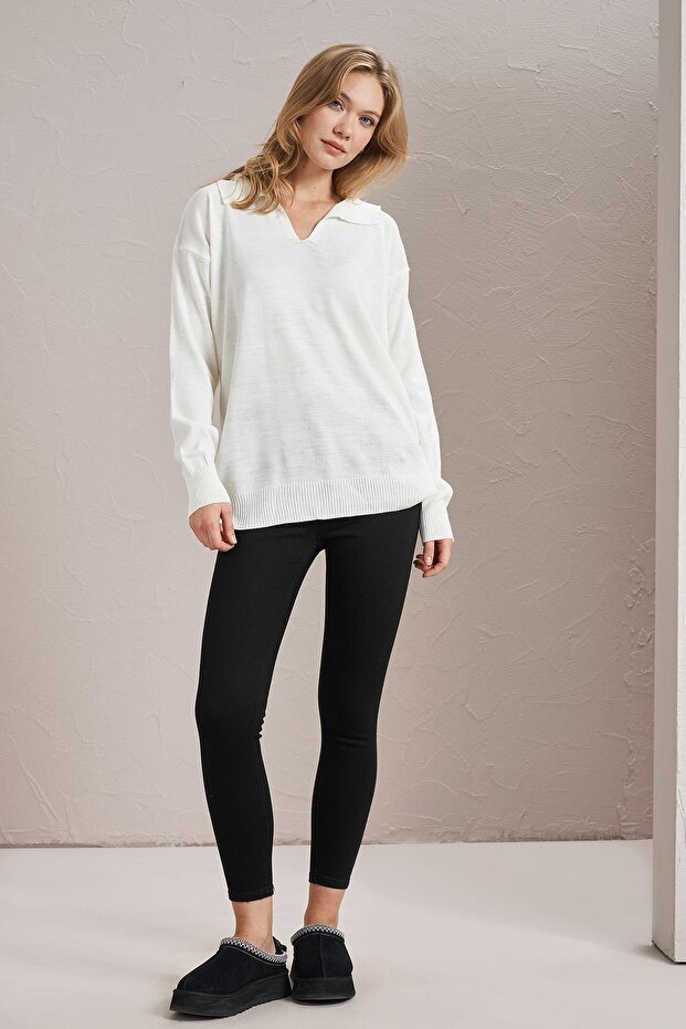 Kadın Ekru Gömlek Yaka Basic Triko Kazak - 4