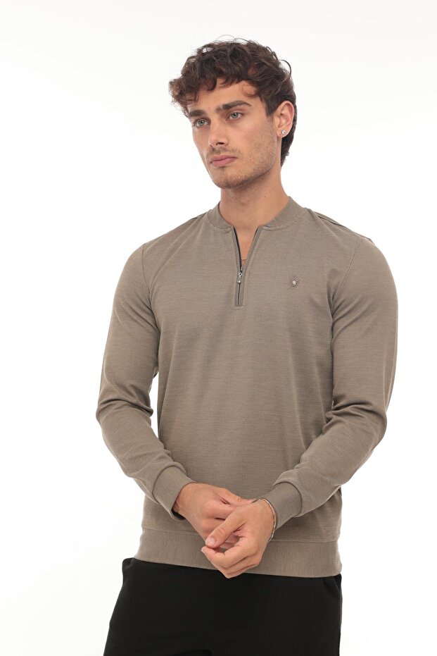 Half Zipper College Collar Sweatshirt Regular Fit-Brown- 2317