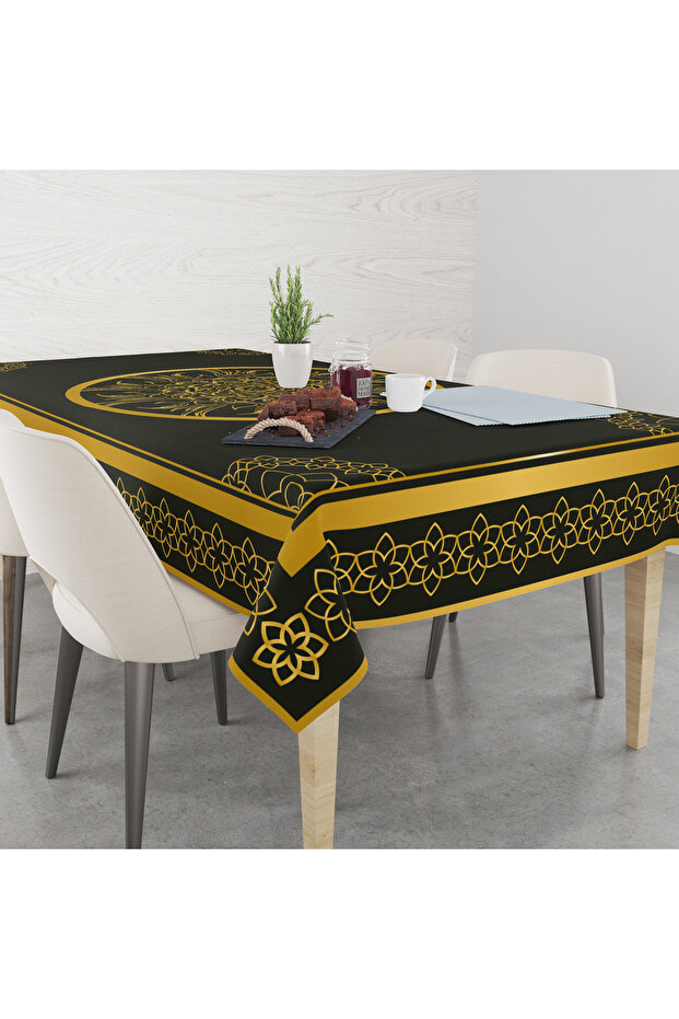 Gold Gilded Flowers and Leaves Digital Printed Tablecloth