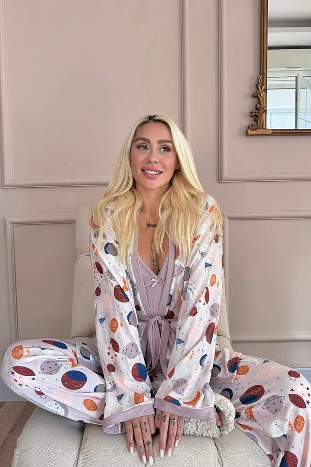 Mor Aydede Desenli Termal Sabahlıklı Kadın Pijama Takımı - 4