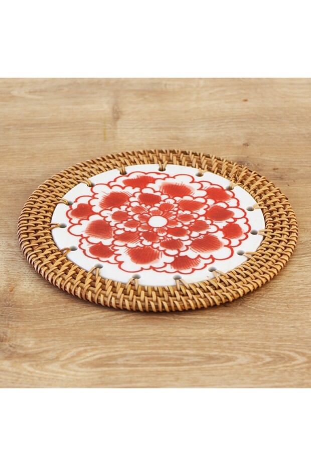 Rattan Framed 16 Cm. Red Cloud Pattern Decorative Object - 1