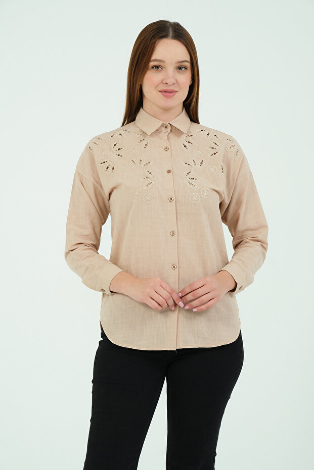 Women's Mink Scalloped Long Sleeve Linen Look Shirt