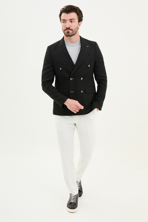 Straight Slim Fit Wide Collar 100% Linen Kruvze Men's Jacket Black - 40385.24Y