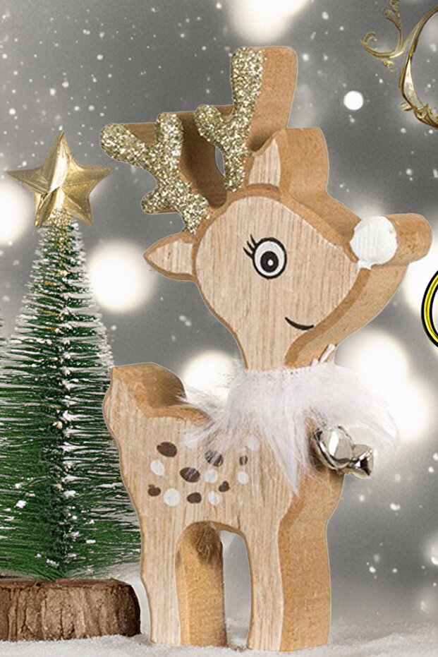 Christmas Ornament Decorative Wooden Deer Figurine with Rattle - 15 cm