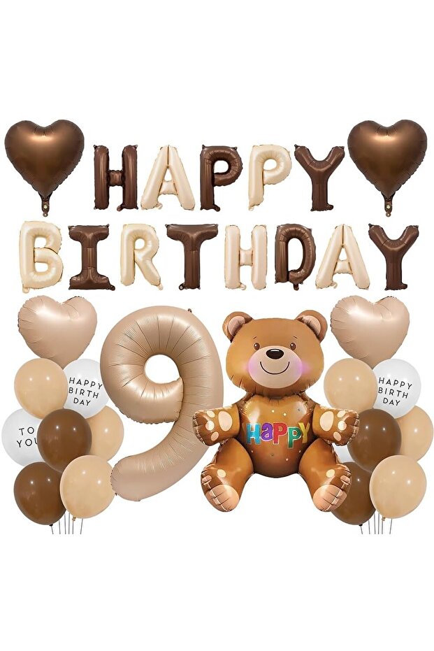 9Yaş Retro Teddy Bear Brown Foil Balloon Happy Birthday Banner Decoration Birthday Party Set Ornament