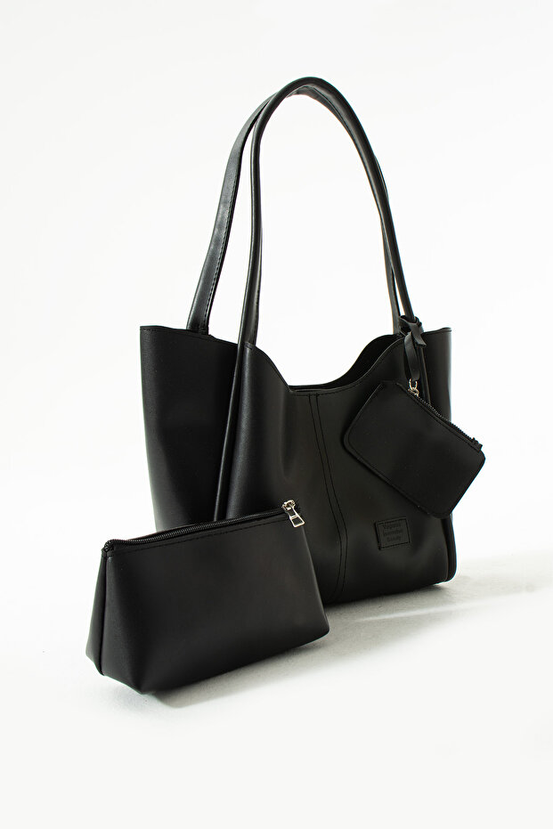 Faux Leather Makeup Bag - Black Snap Fastener, Wallet, Women's Hand and Shoulder Bag L:25 E:38 W:15 cm
