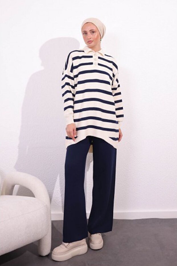 Women's Shirt Collar Buttoned Striped Knitwear Set