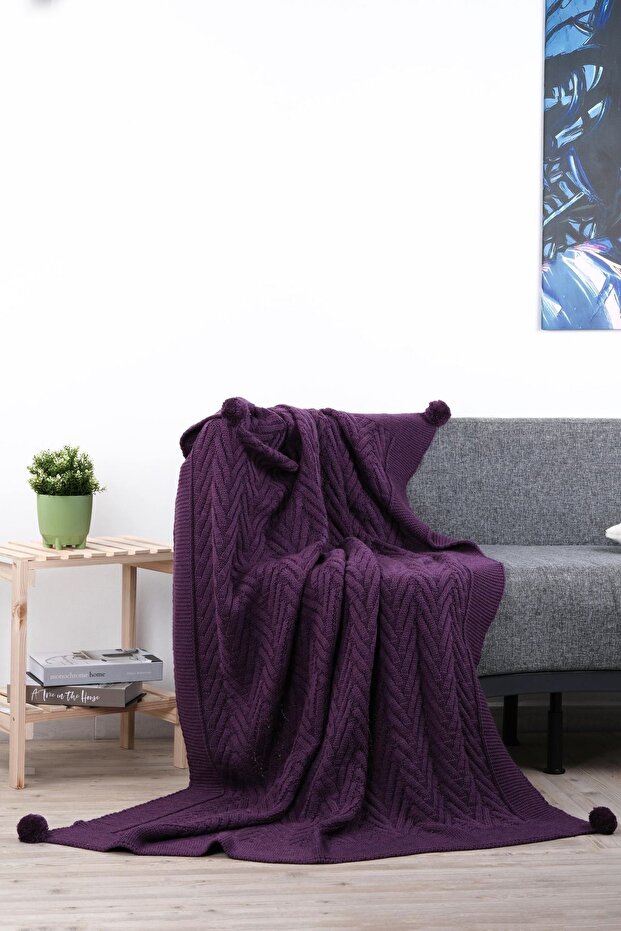 Leyla 10 Pompon Knitted Tv Blanket Purple 130X170