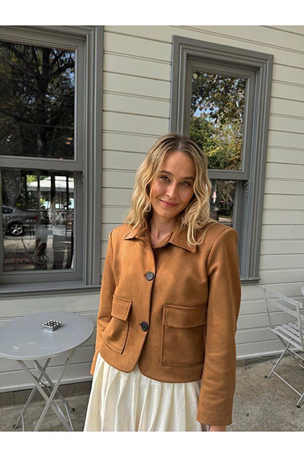 Taba Astarlı Düğmeli Süet Ceket - 2