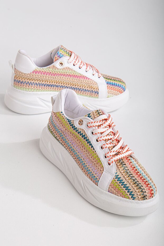 Blue and White - Colorful Thick-Soled Sneakers with Woven Details