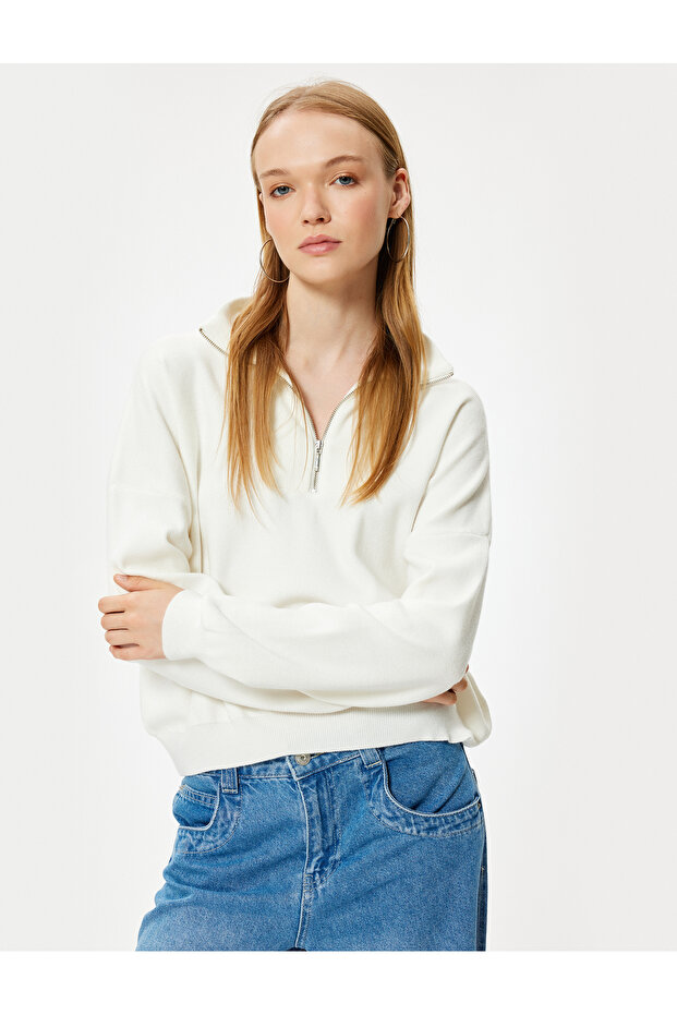 Half Zipper Sweater Long Sleeve Viscose Blend Off Shoulder