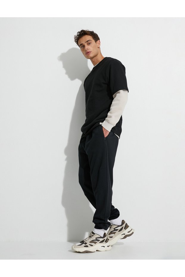 Jogger Sweatpants with Zipper Pocket, Lace-up at the Waist and Stitching Detail