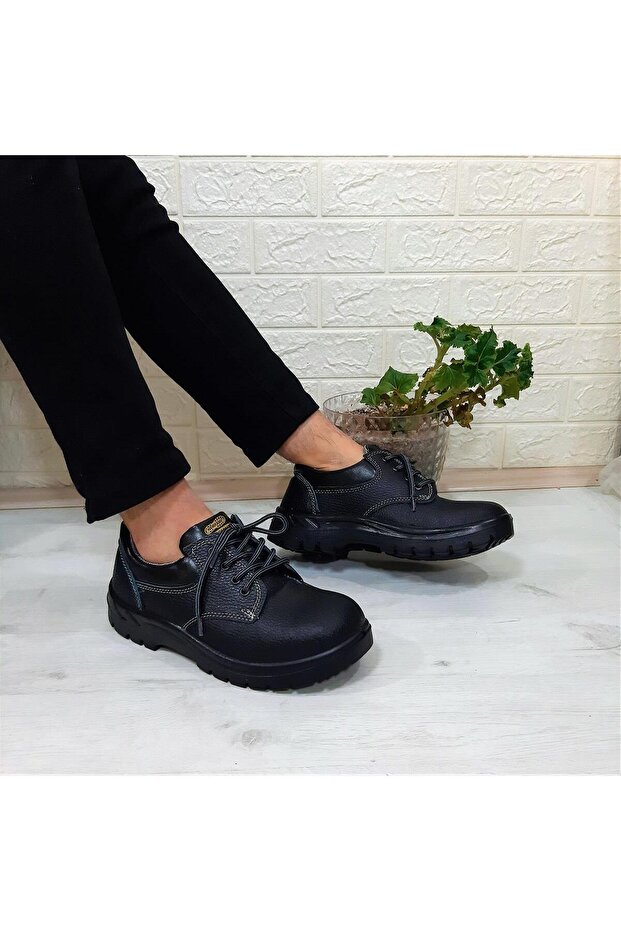 Black Pls Lace-Up Genuine Leather Work Safety Shoes