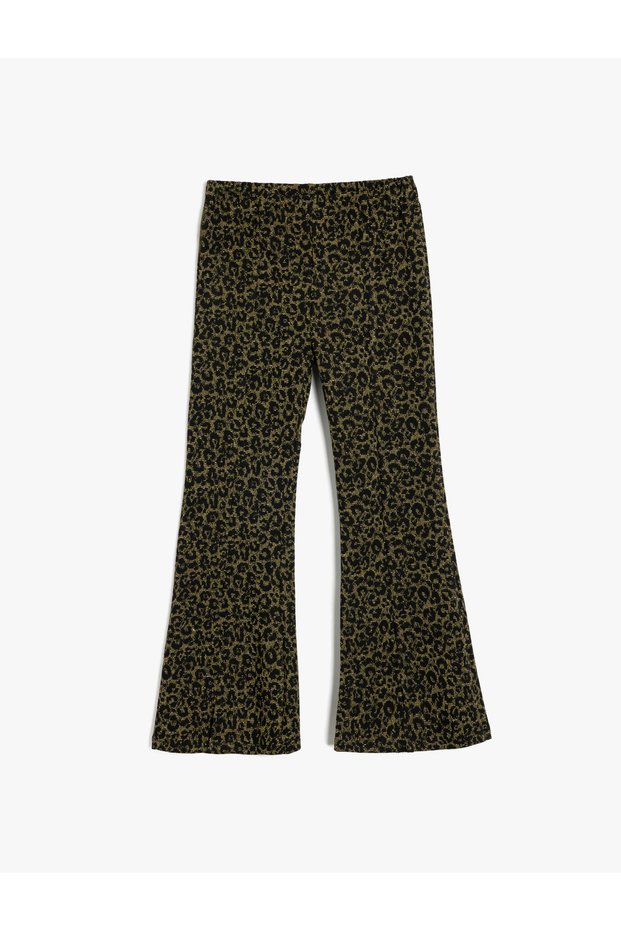 Flared Leg Trousers Leopard Patterned Elastic Waist