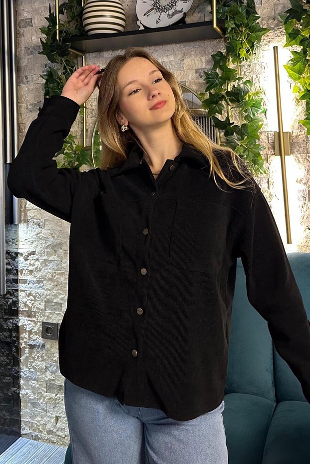 Black Pocket Detailed Women's Shirt Mg2241