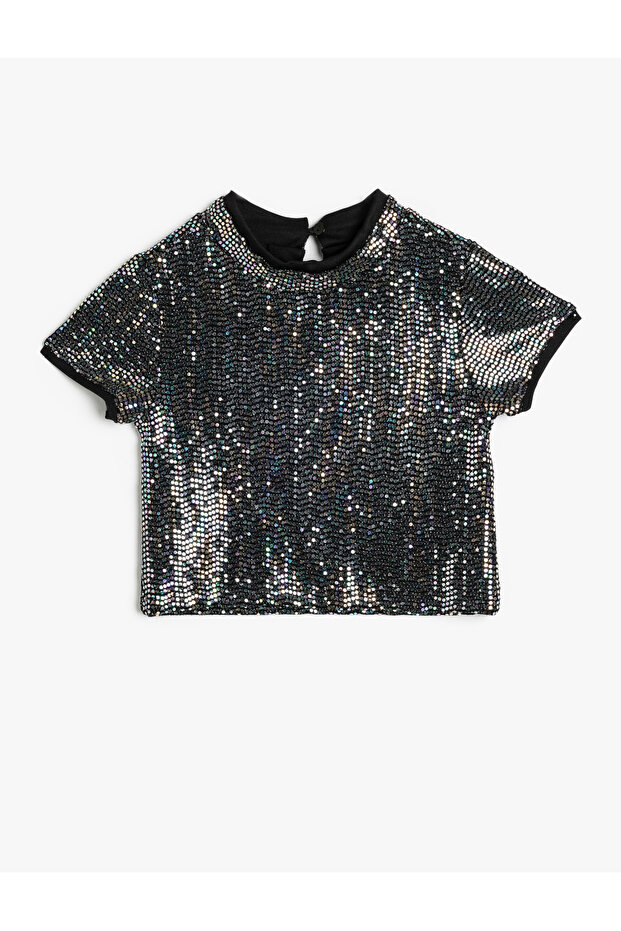 Sequin Sequined Shiny Blouse Short Sleeve Crew Neck