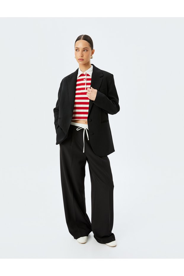 Double Waist Detailed Tie-Up Pocket Striped Wide Leg Baggy Fabric Pants