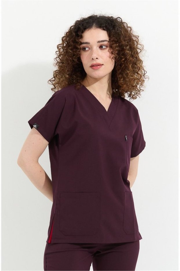 Happiness Spaniard - Lycra Doctor Nurse Scrubs Single Top Surgical Uniform (Women), Plum