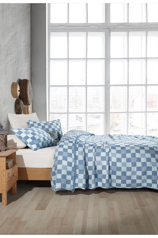Damalı Desen 4 Katlı Multi Muslin %100 Pamuk Tek Kişillik Yatak Örtüsü 160x240cm - 3