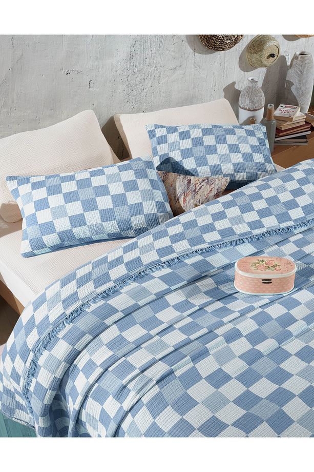 Damalı Desen 4 Katlı Multi Muslin %100 Pamuk Tek Kişillik Yatak Örtüsü 160x240cm - 4