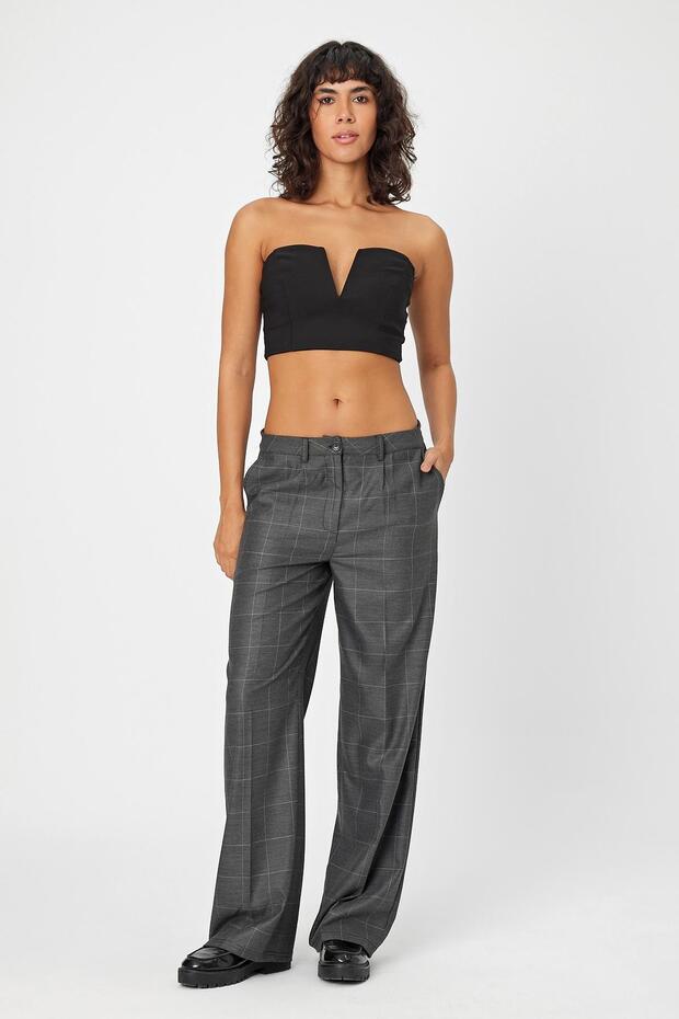 Alexandergardi̇ Wide Leg Checked Classic Women's Pants with Double Pockets (B24-0001)