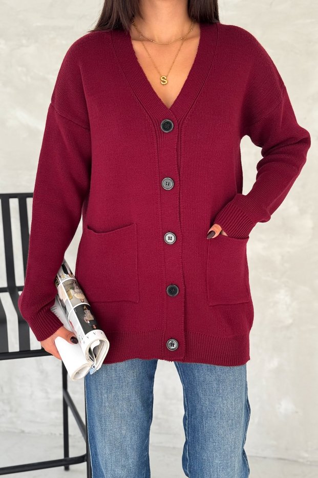 Women's Burgundy Standard Size Black Pocket Detailed Buttoned Oversize Knitwear Cardigan