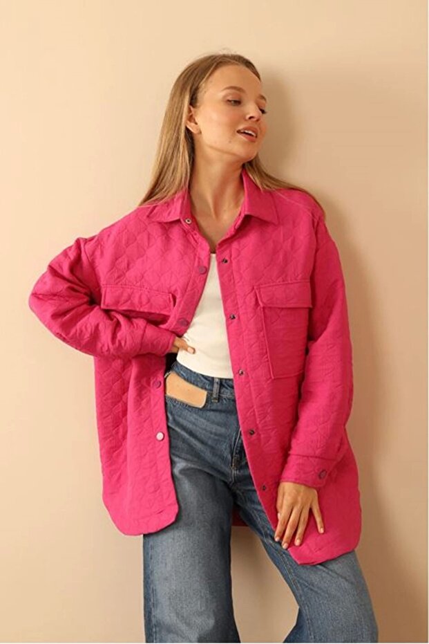 Jakar Kumaş Soğan Desen Kapitone Oversize Kadın Gömlek-Fuşya - 3