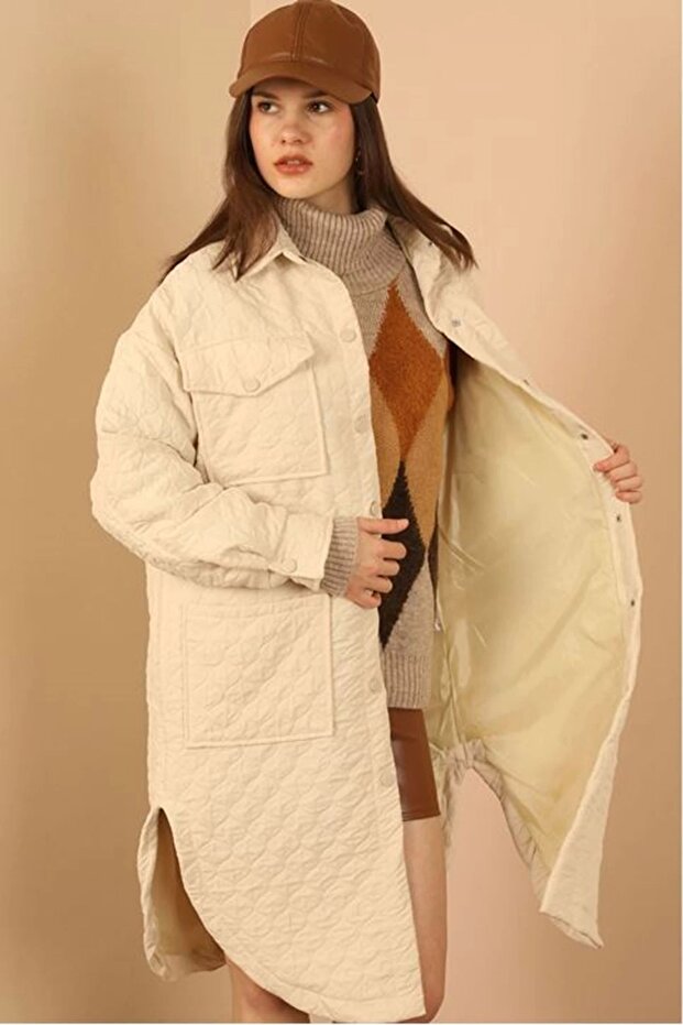 Jakar Kumaş Soğan Desen Oversize Kadın Uzun Gömlek-Taş - 4