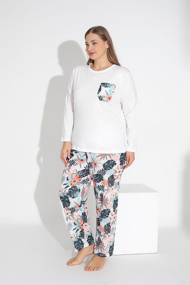 Ekru Renkli Uzun Kollu Çiçek Desenli Pijama Takımı 103 - 1