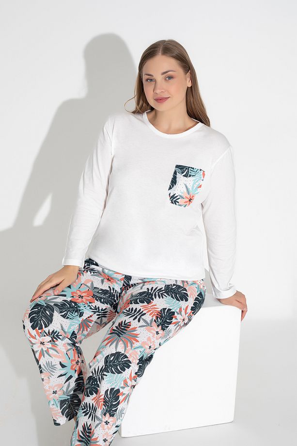 Ekru Renkli Uzun Kollu Çiçek Desenli Pijama Takımı 103 - 5