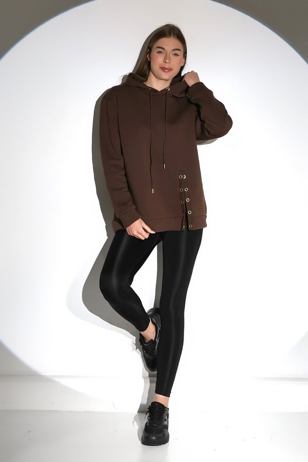 Brown Long Sleeve Hooded Sweatshirt with Eyelet Detail