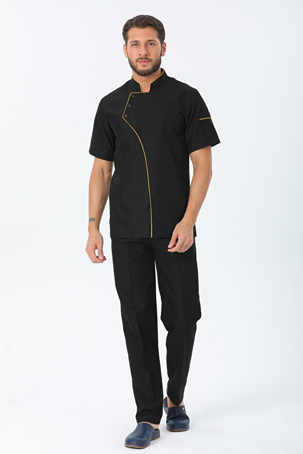 Erkek Comfort Siyah Aşçı Ceket + Kep Ve Askılı Önlük - Sarı Biye / Siyah Pantolon Dörtlü Set - 5