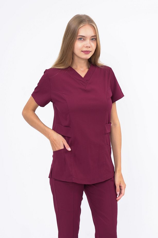 Likralı Üst - Kısa Kollu V Yaka Yüksek Kaliteli Bordo Scrubs Hemşire Doktor Üniforma (Üst) V-015U - 3