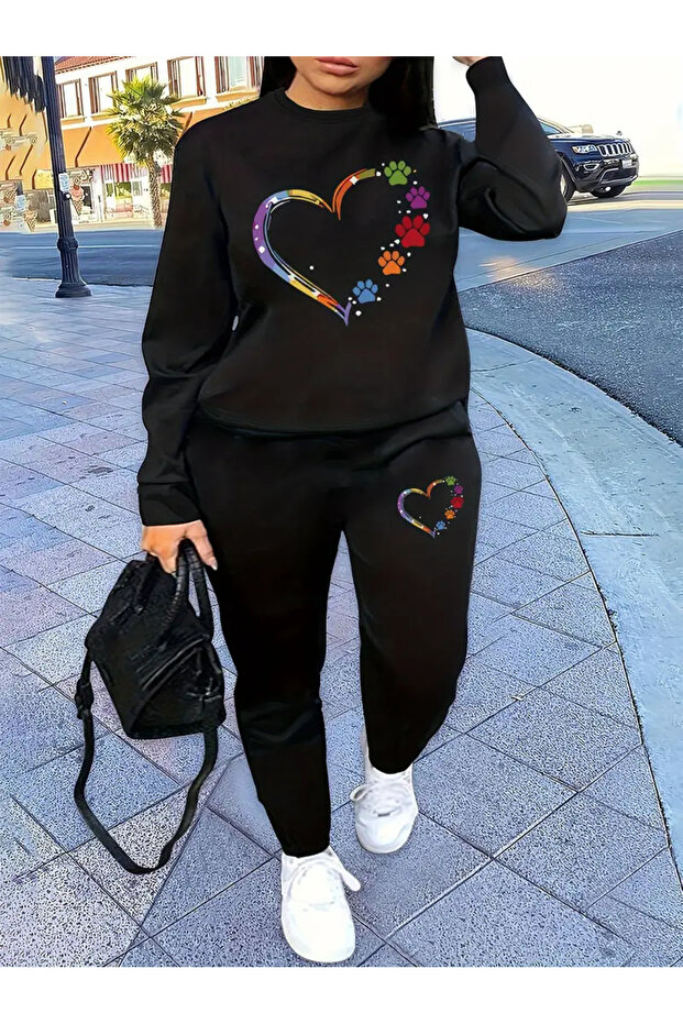 Heart Printed Bottom Top Tracksuit Set Regular Hooded Swetshirt