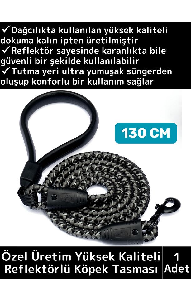 Özel Yüksek Kaliteli Ekstra Kalın Dağcı Dokuma İpli Esnek Yansıtma Reflektörlü Köpek Tasması 130 Cm - 1