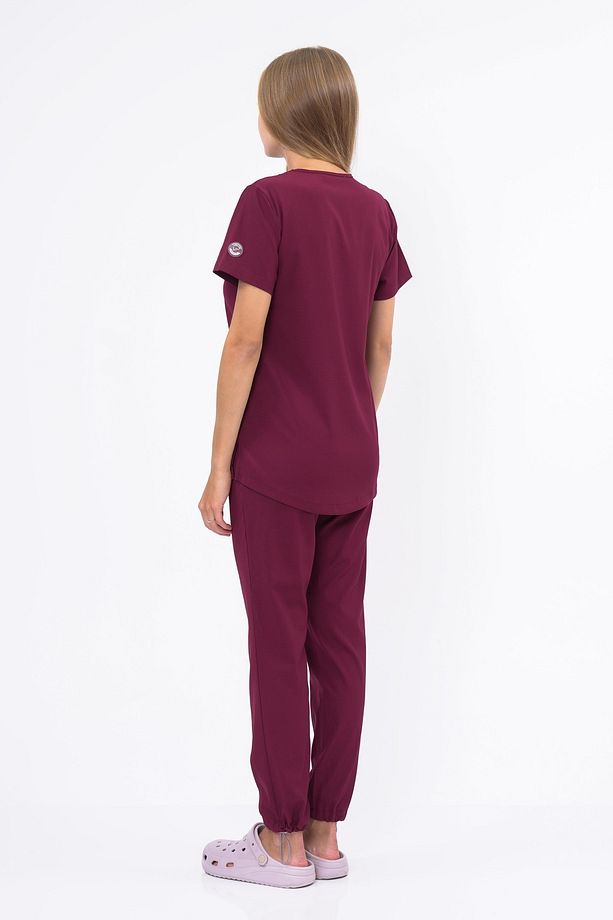 Likralı Üst - Kısa Kollu V Yaka Yüksek Kaliteli Bordo Scrubs Hemşire Doktor Üniforma (Üst) V-015U - 7