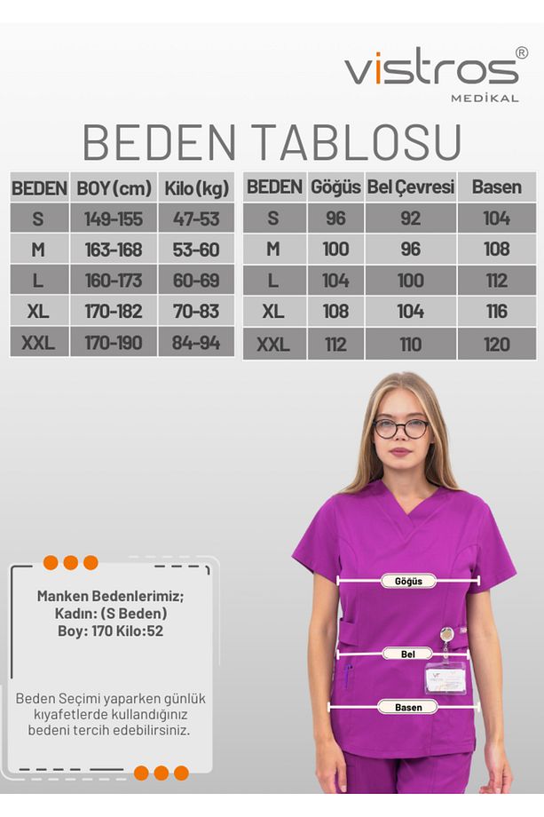 Likralı Üst - Kısa Kollu V Yaka Yüksek Kaliteli Bordo Scrubs Hemşire Doktor Üniforma (Üst) V-015U - 8