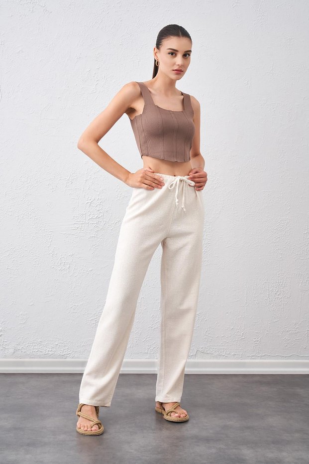 Women's Natural Waist Tied Lace-up Linen Trousers