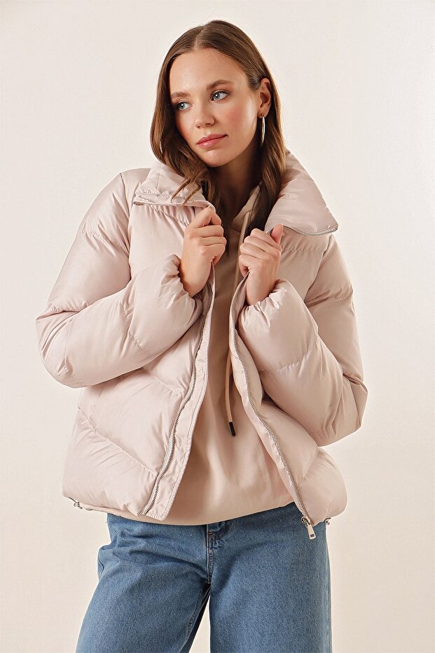 Beige 5205 down Jacket with Stand Collar and Zipper - 2